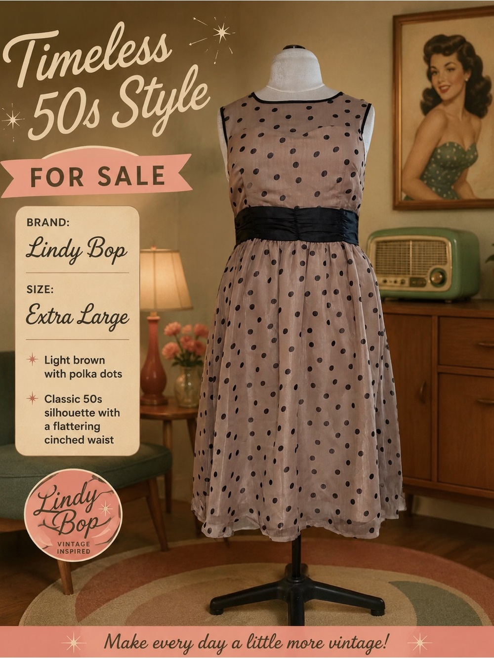 Lindy Bop Tan and Black Polka Dot Midi Dress